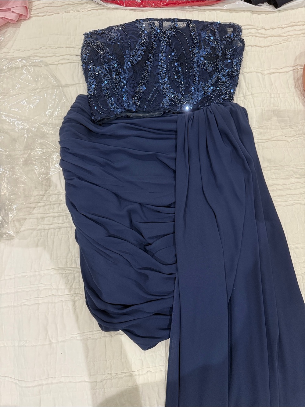 Strapless Navy Blue two piece set with Beaded Bodice